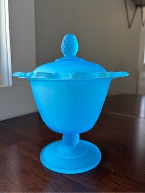 Vintage Blue Frosted Indiana Glass “Harvest Grape” Candy Dish